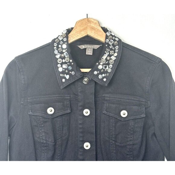 Spanner Womens Denim Jean Jacket Rhinestone Collar Boho Snap Button Black Size 2 - Picture 3 of 12